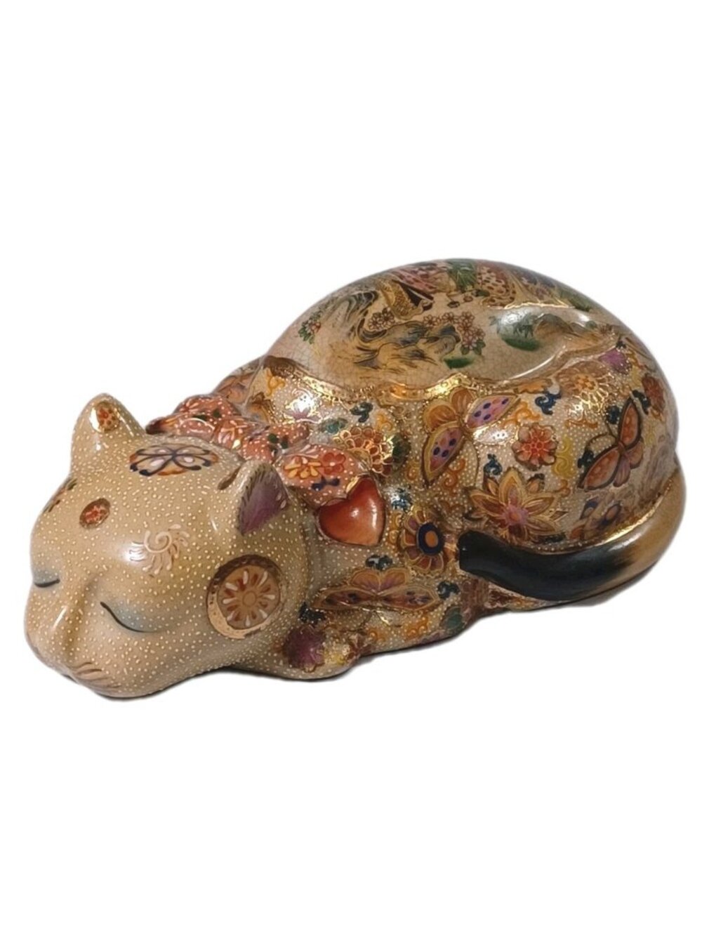 Vintage Japanese Satsuma Sleeping Cat Cloisonne Moriage Gold Accents Geishas But - Picture 2 of 12